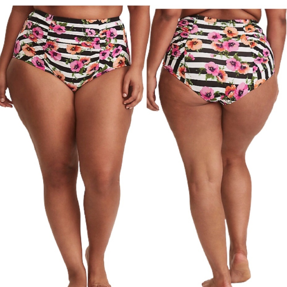 Torrid Striped Floral Ruched Bikini Bottom 4 NWT